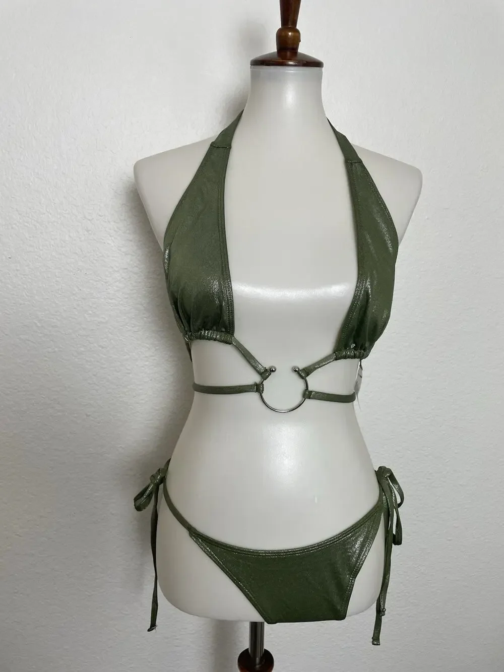 Fashion Nova Swim String Bikini Swimsuit Strappy Green Metallic Summer Festival